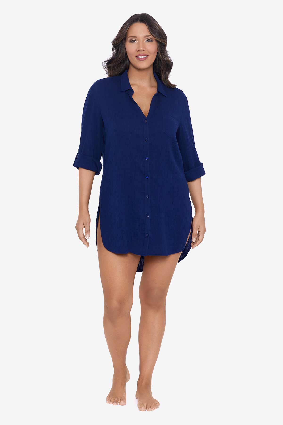 Solid Button Down Beach Shirt Swim Cover Up