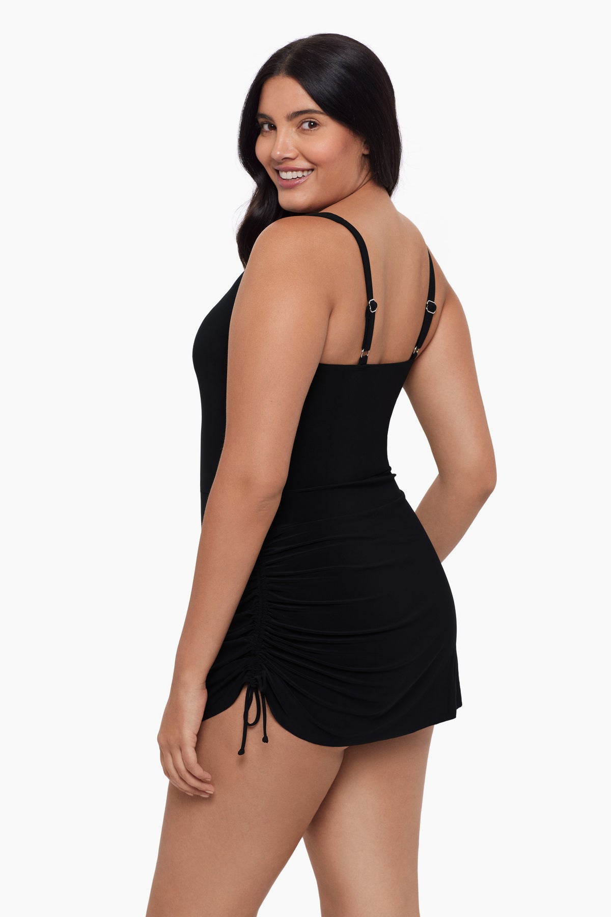 Woman turned left wearing a black swim dress