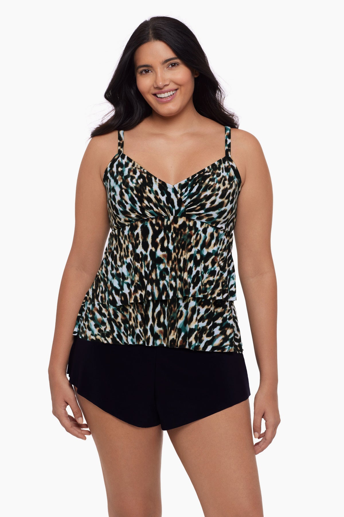 Woman wearing a leopard print tankini top