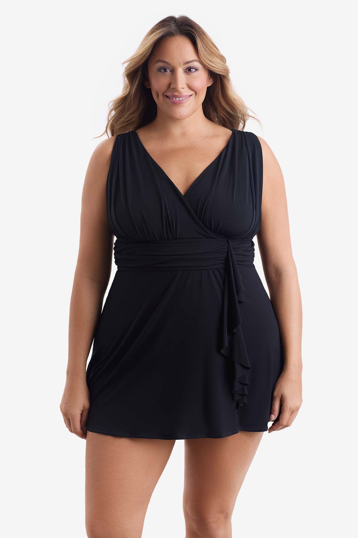 Longitude Plus Size Ruffle Goddess Long Torso One Piece Swim Dress