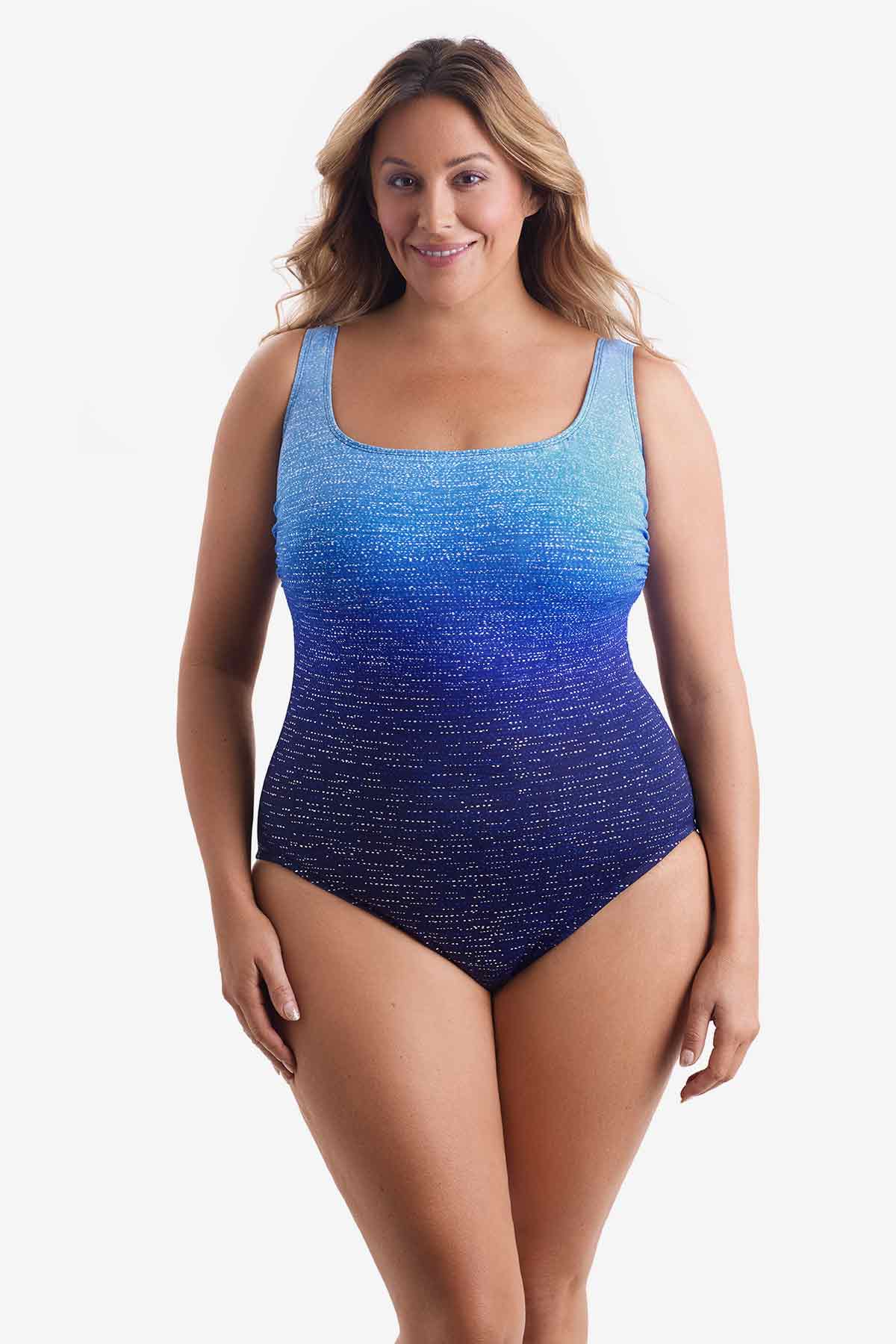 Woman wearing a blue ombre one-piece swimsuit