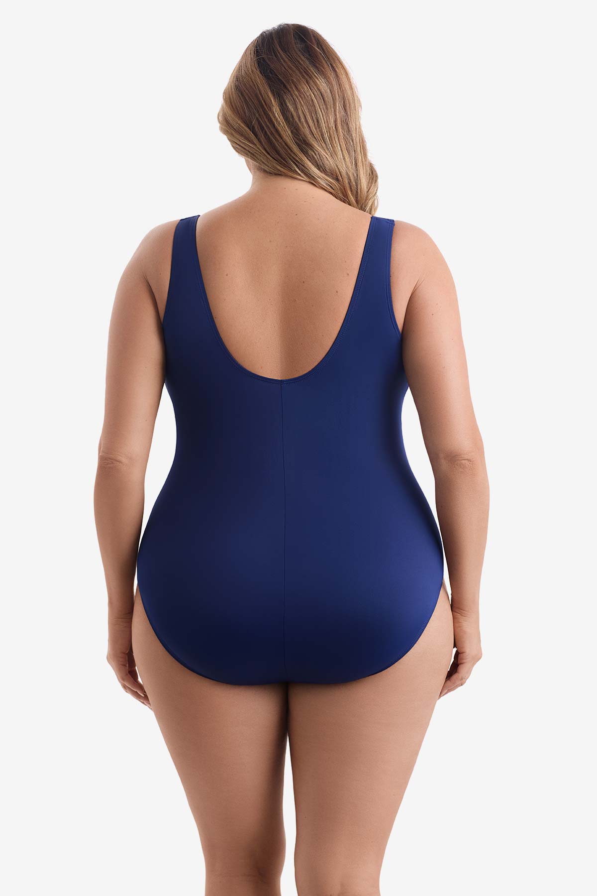 Woman faced away wearing a blue one-piece swimsuit 
