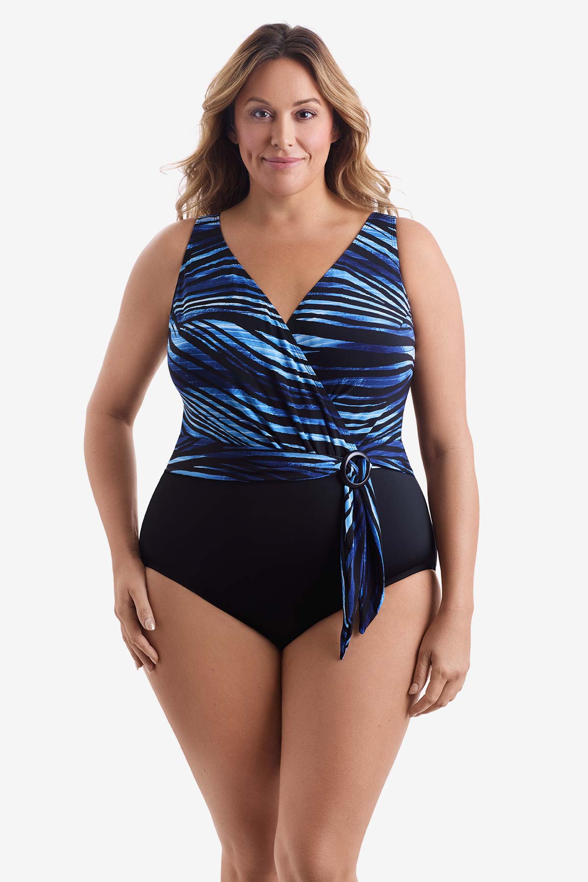 Longitude Plus Size Belted Surplice Long Torso One Piece Swimsuit