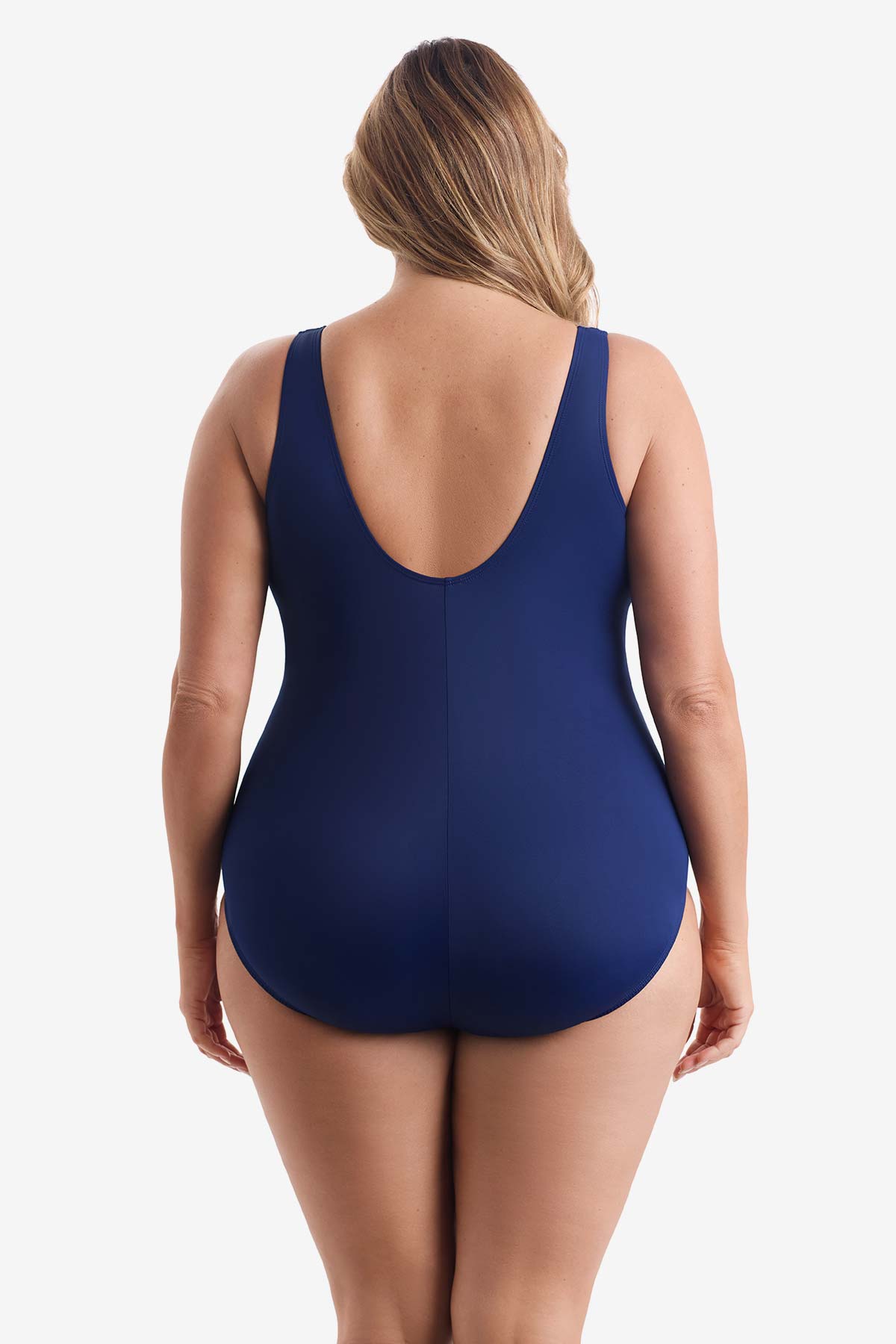 Woman faced away wearing a blue one-piece swimsuit