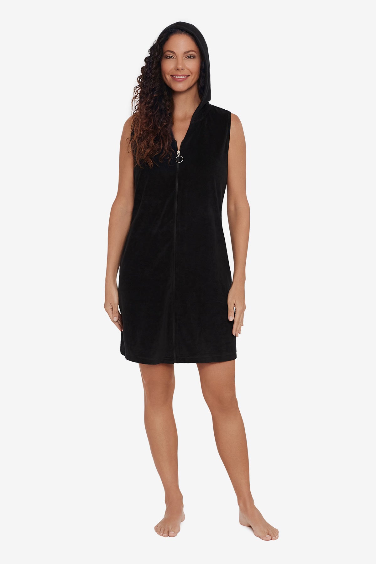 Woman wearing a black swim cover up with a zipper down the front with the hood up