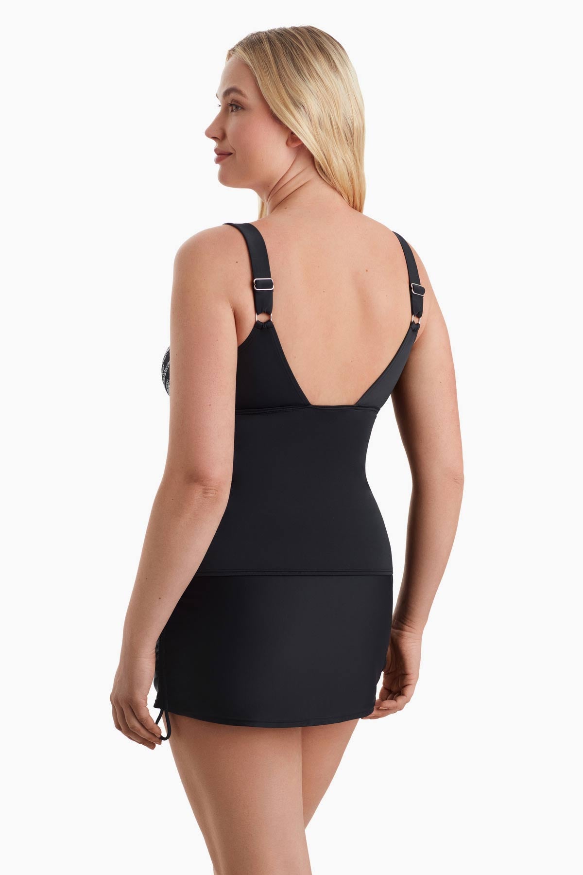 Woman turned left to show detail of tankini top