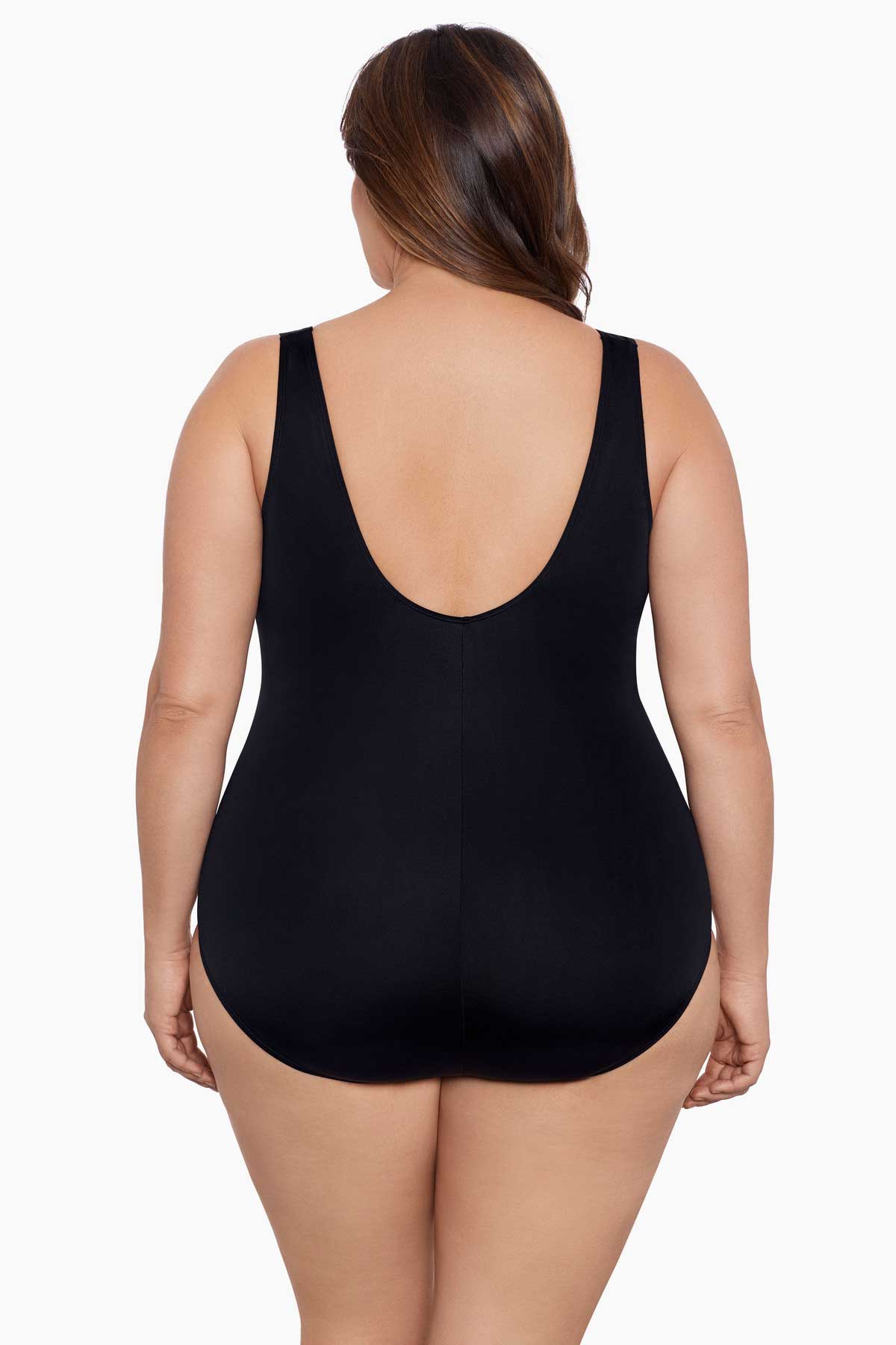 Woman faced away wearing a fan tank one-piece swimsuit