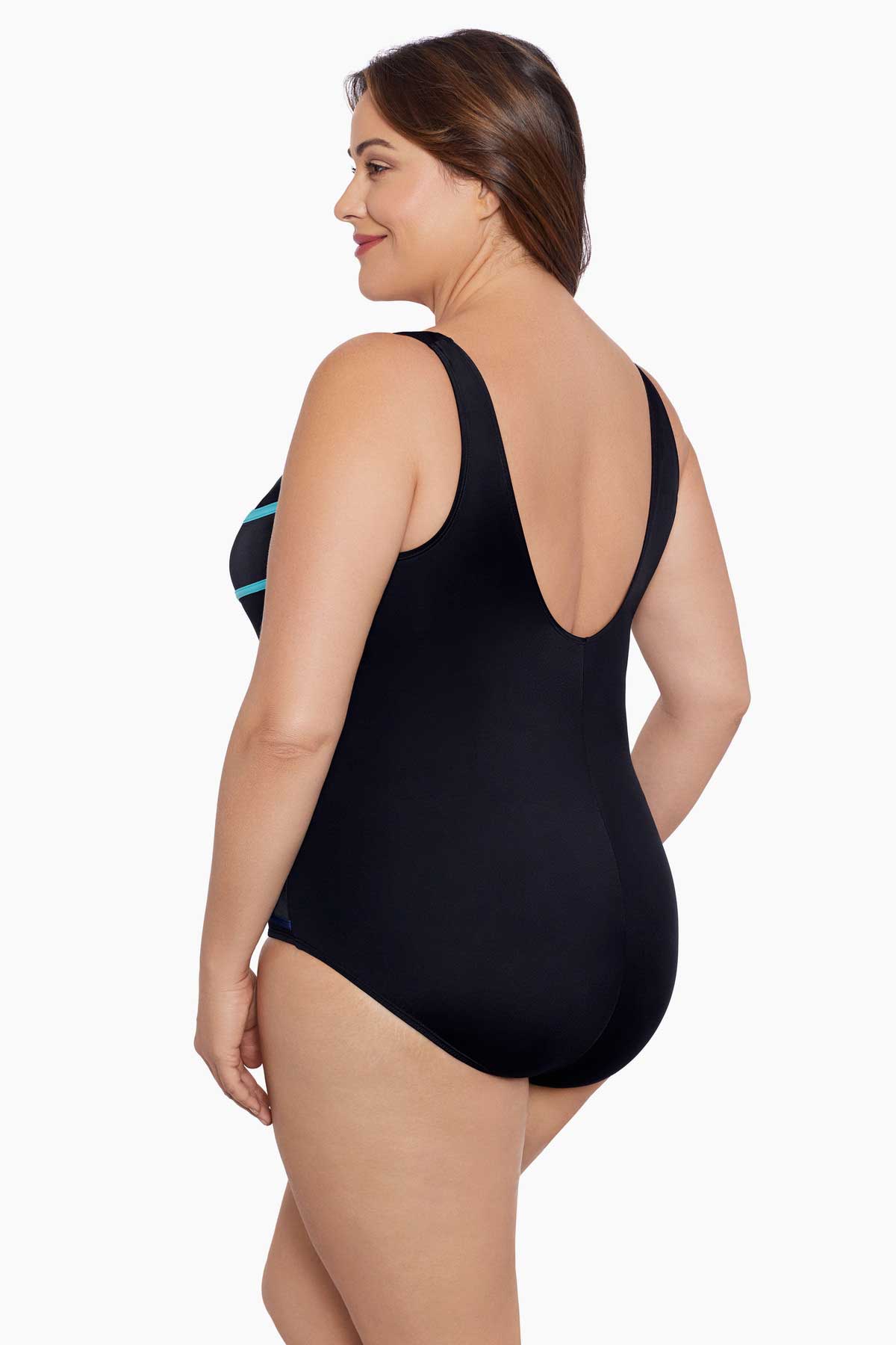 Woman faced left wearing a blue ombre streaked fan tank one-piece swimsuit
