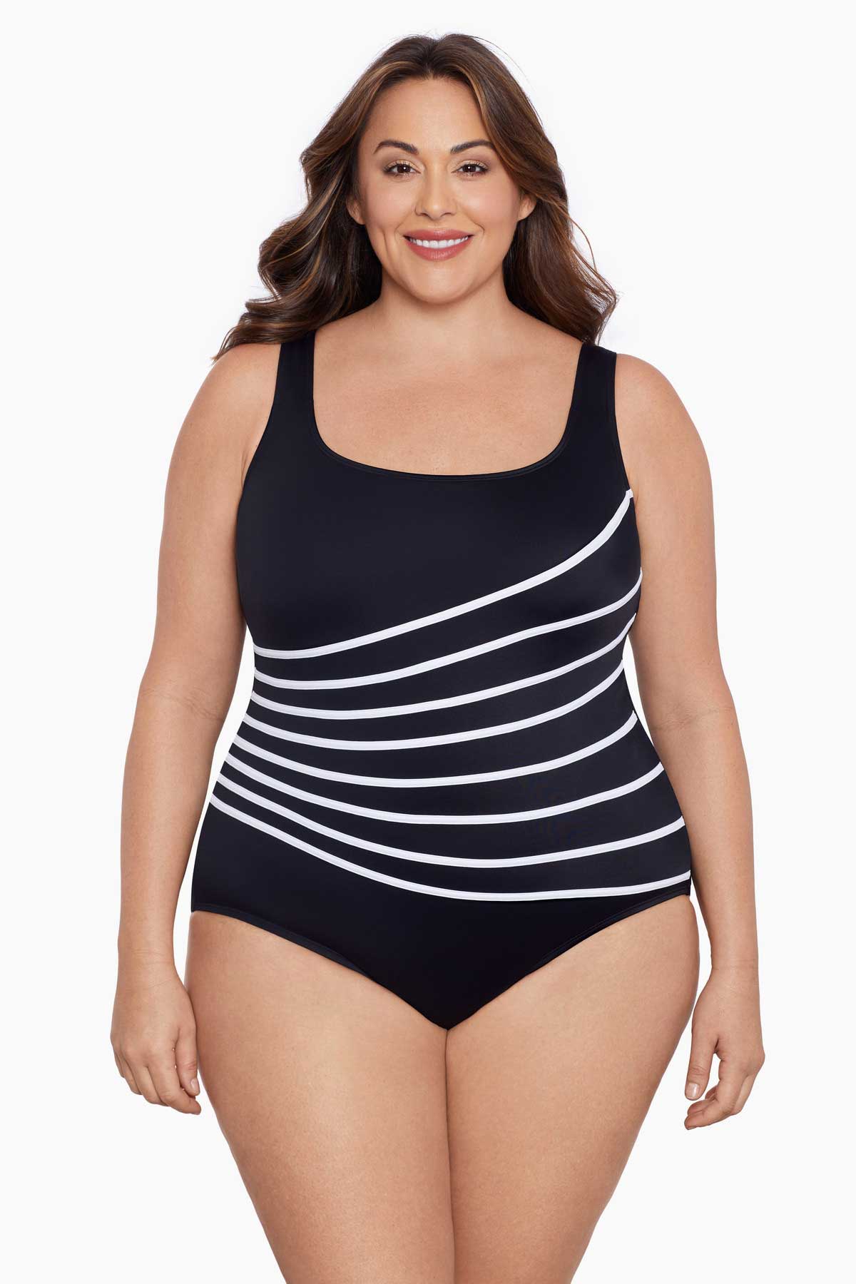 Woman wearing a white-streaked fan tank one-piece swimsuit