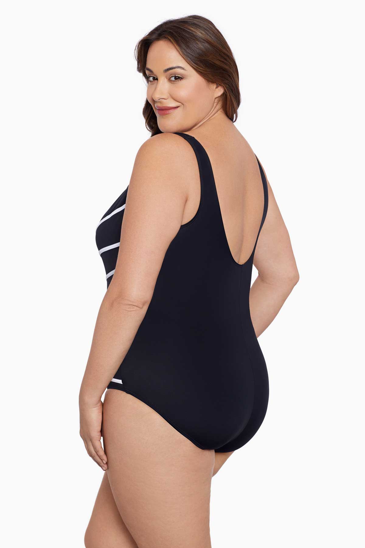Woman turned left wearing a white-streaked fan tank one-piece swimsuit