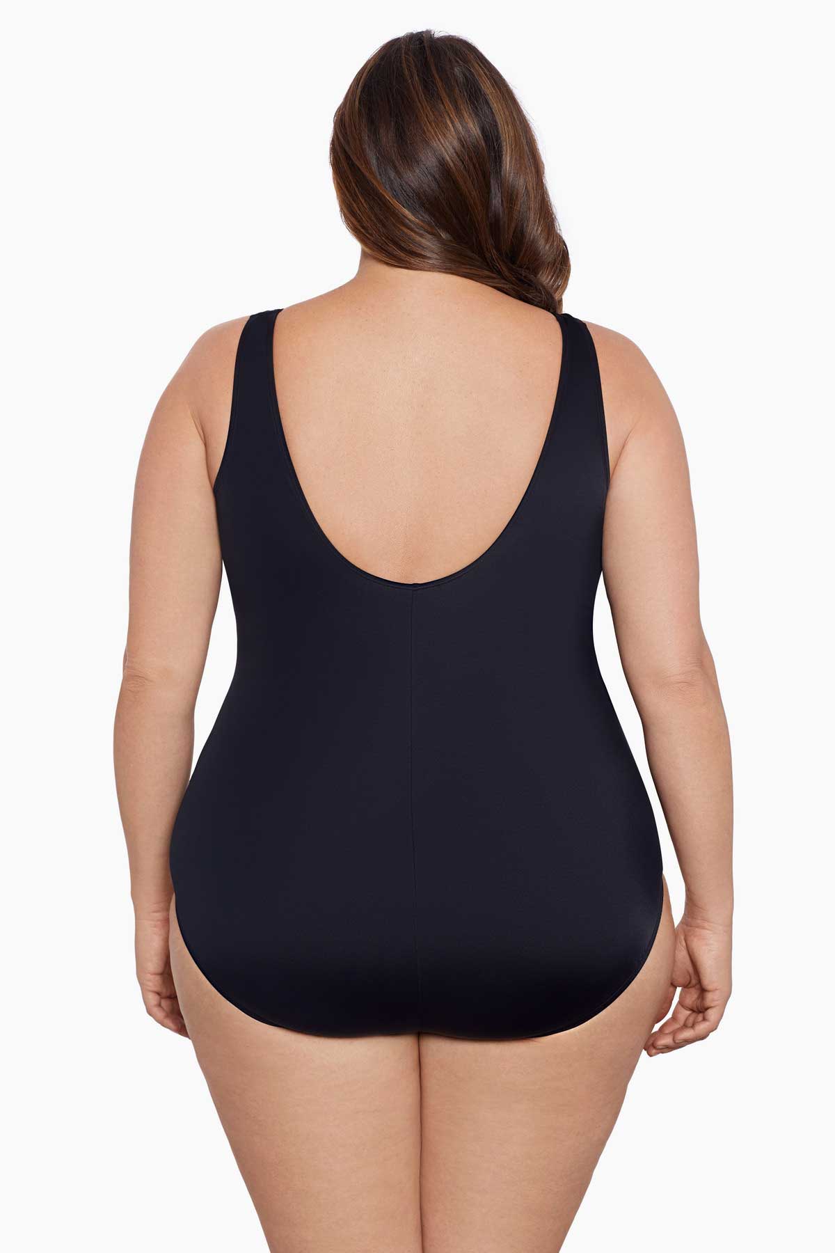 Woman faced away wearing a fan tank one-piece swimsuit