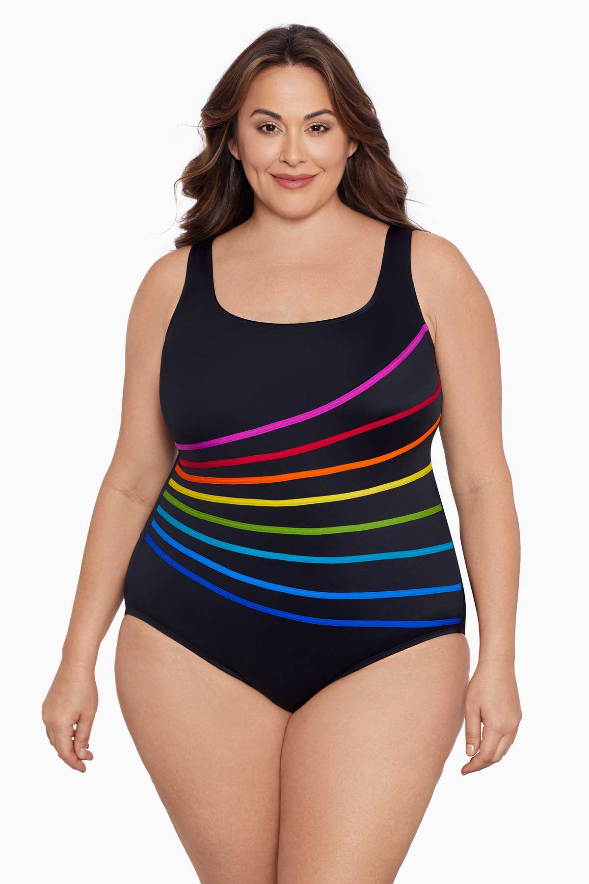 Woman wearing a rainbow-streaked fan tank one-piece swimsuit