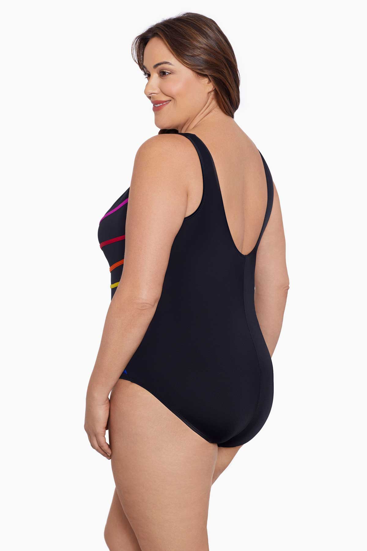 Woman turned left wearing a rainbow-streaked fan tank one-piece swimsuit