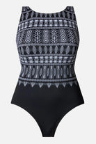 Black and white tribal printed one-piece swimsuit with a high neckline
