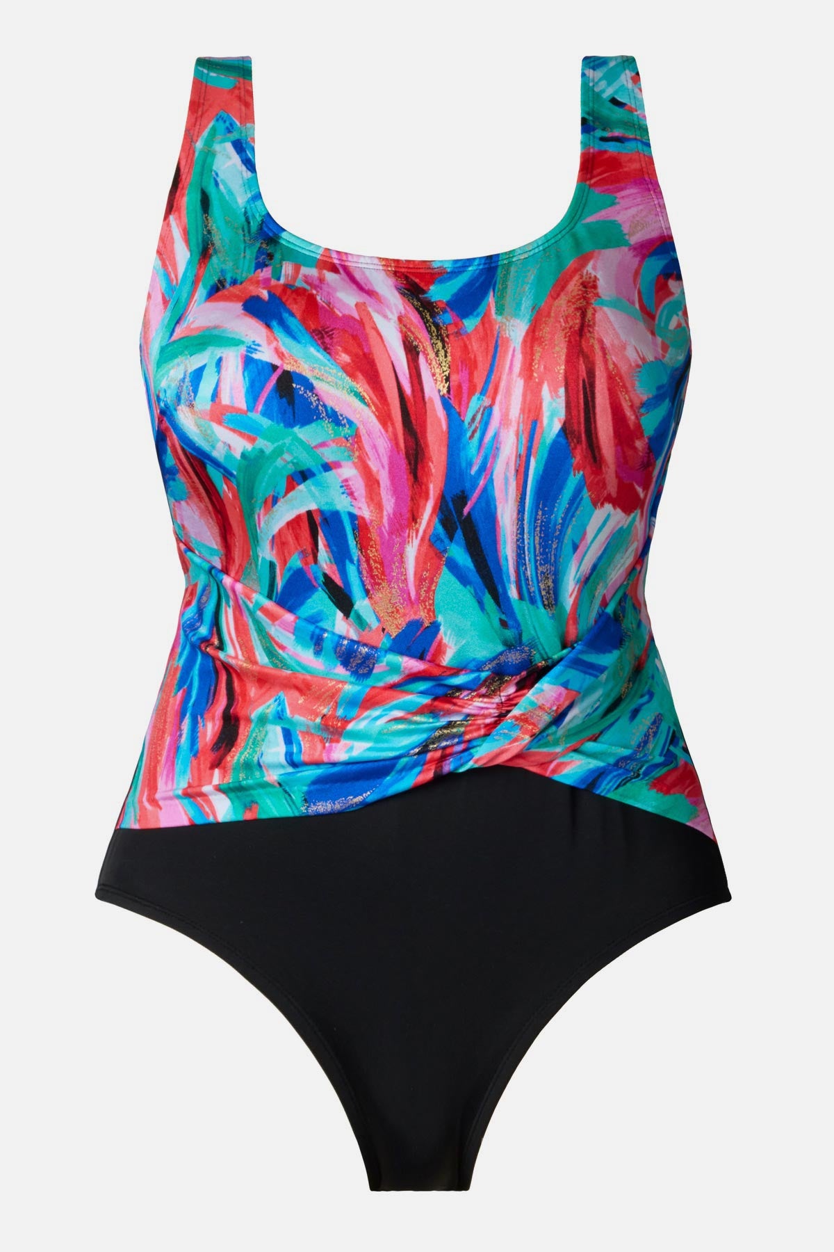 Multicolor abstract printed one-piece swimsuit with a sash detail