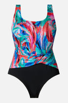 Multicolor abstract printed one-piece swimsuit with a sash detail