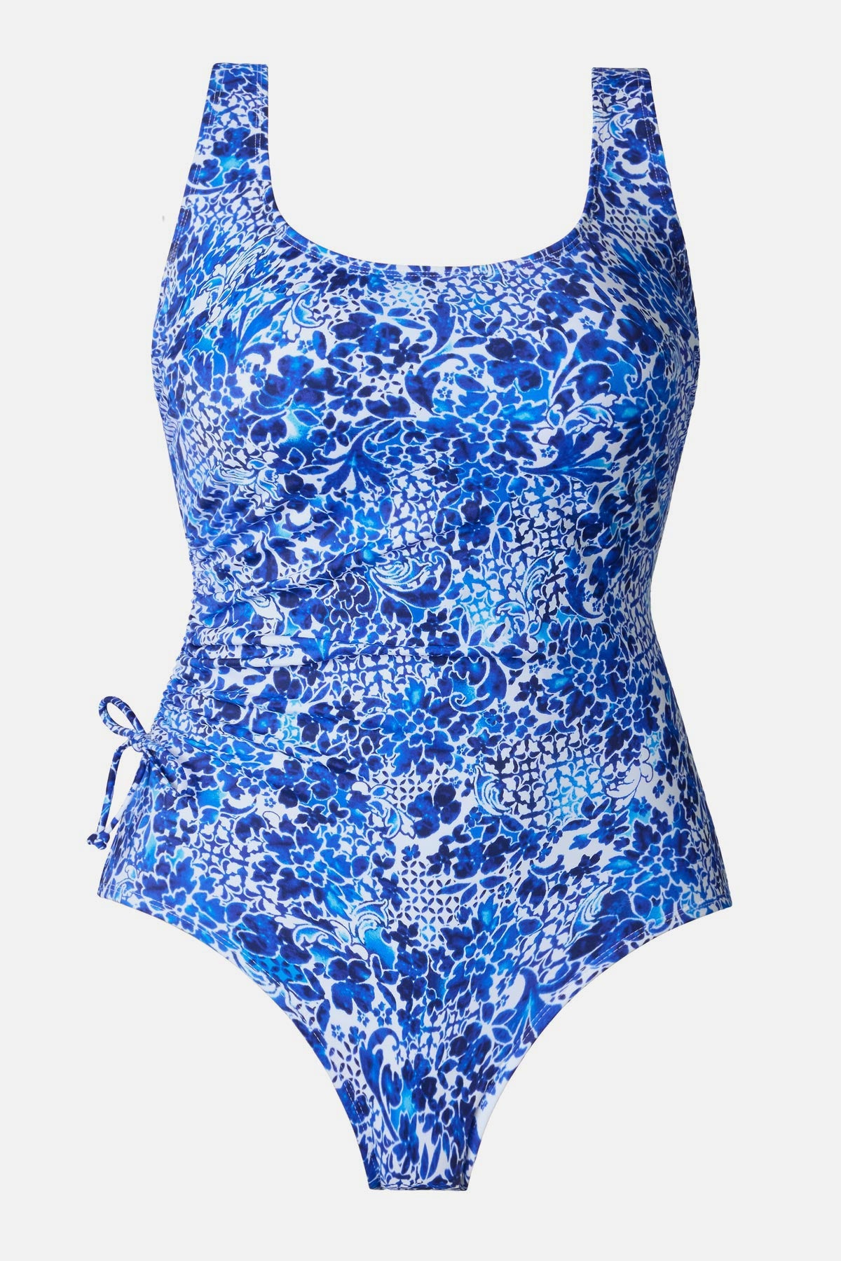 Blue and white floral printed one piece swimsuit