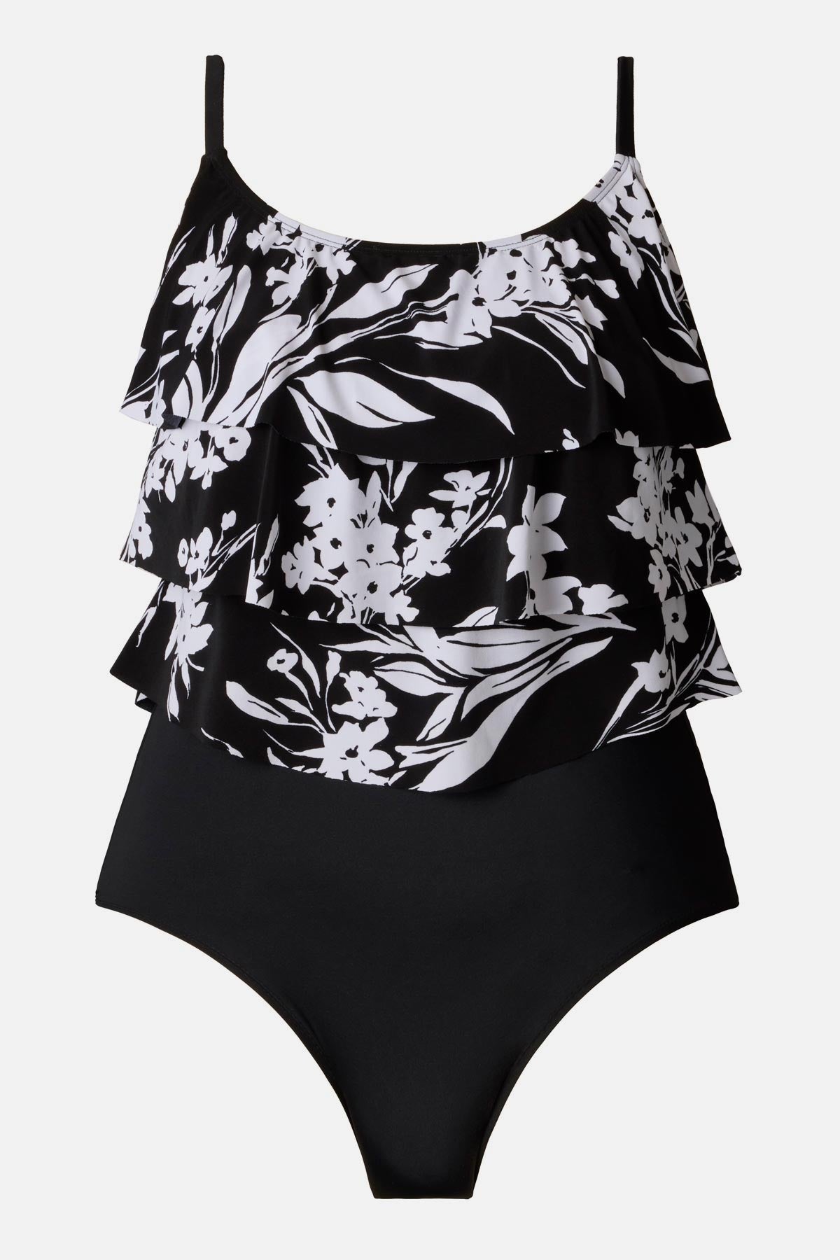 Black and white floral printed one-piece swimsuit with a triple tier tank