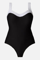 Black one-piece swimsuit with white trim along the straps and neckline