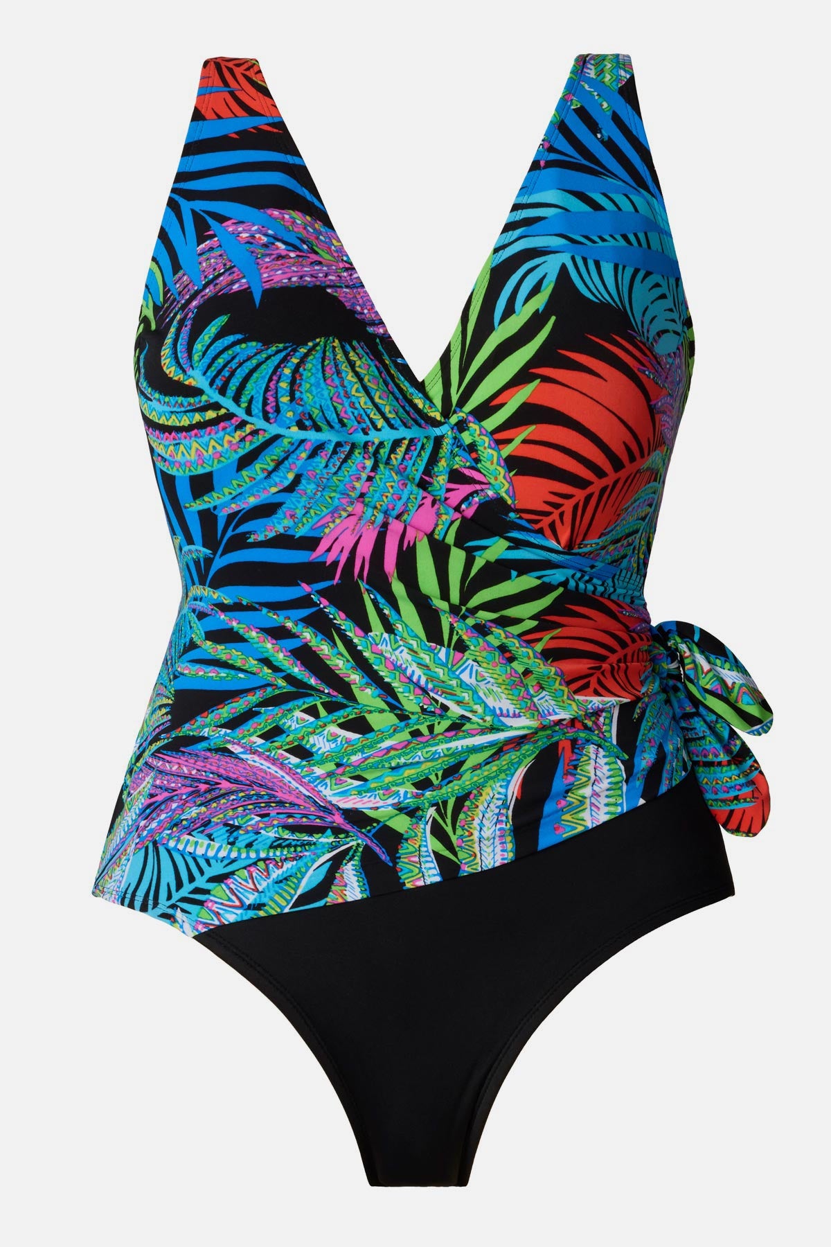 Multicolored palm leaf one-piece swimsuit with side tie detail