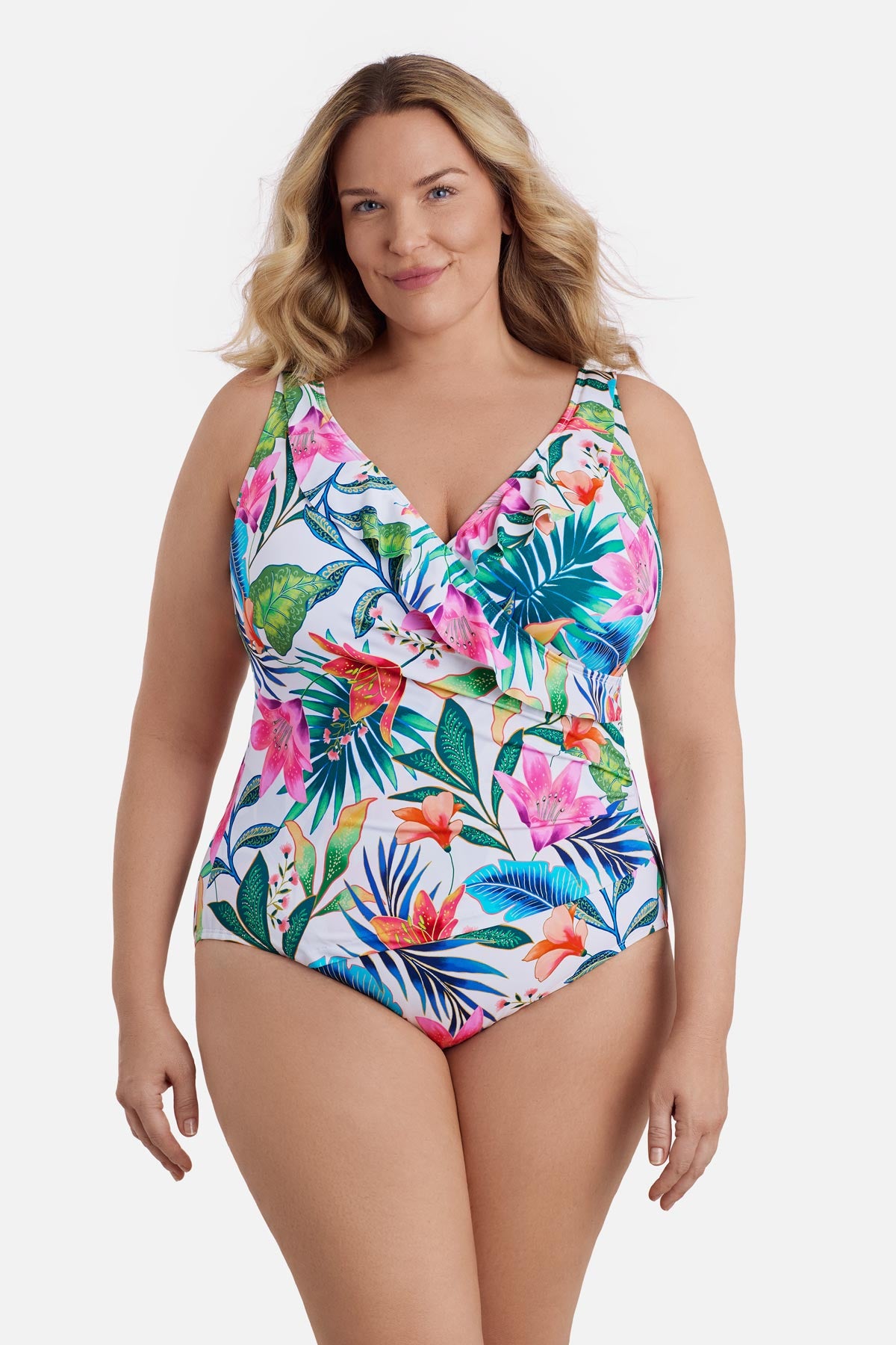 Longitude Plus Size Long Torso Ruffle Front Surplice One Piece