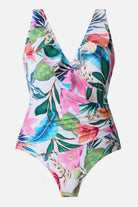Multicolored floral printed one-piece swimsuit with ruffles along the neckline