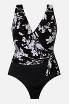 Black and white floral one-piece swimsuit with a side sash