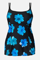 Black swim dress with large blue flowers