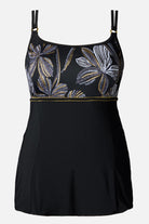 Swim dress with white and gold floral print on the bust