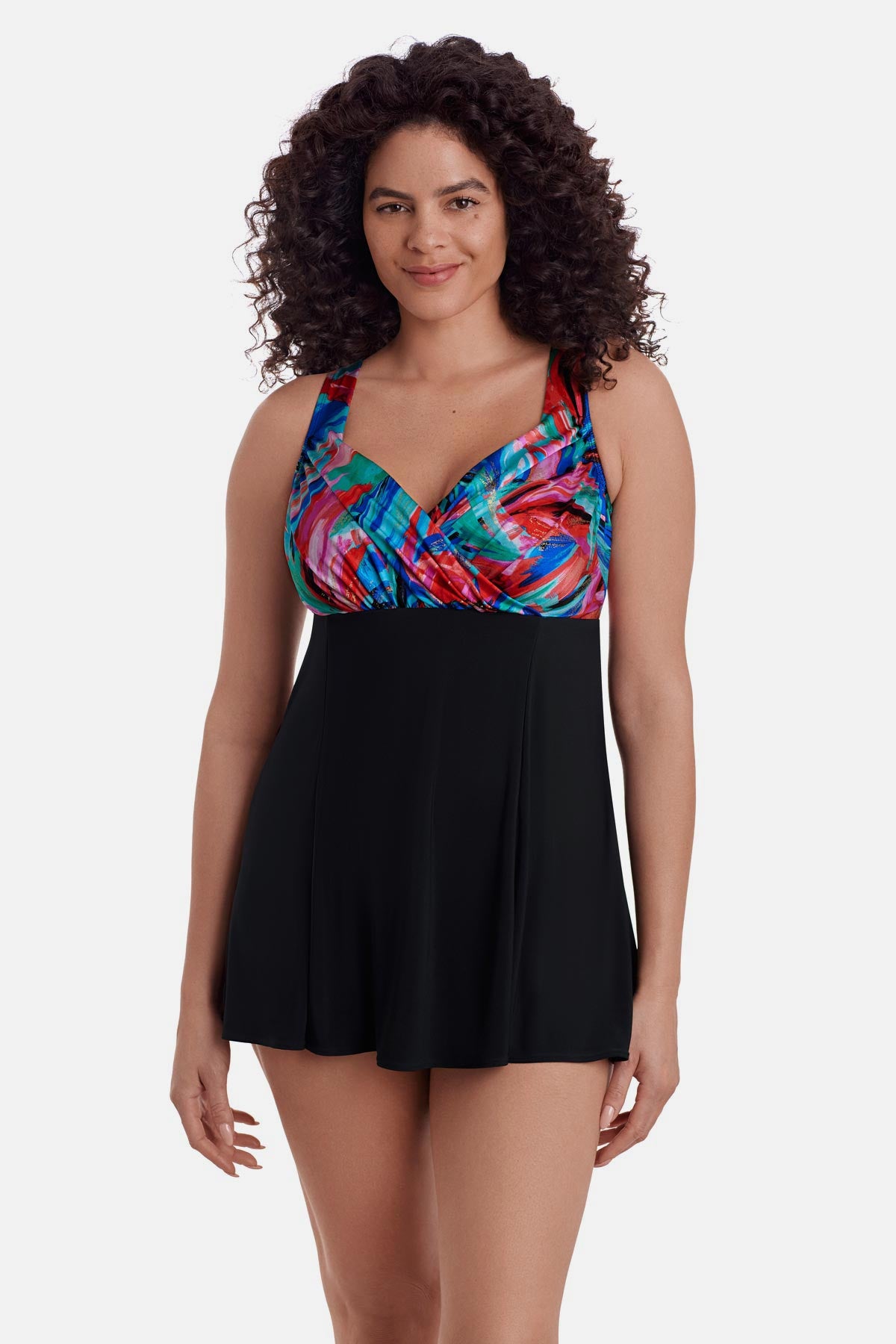 Longitude Long Torso Draped Crossover Swim Dress Carnival Dance