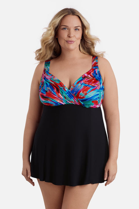 plus size swim dress design features YES Women's Carnival Dance Draped Crossover Swimdress, 18