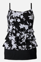 Black and white floral printed ruffle skirtini swimsuit
