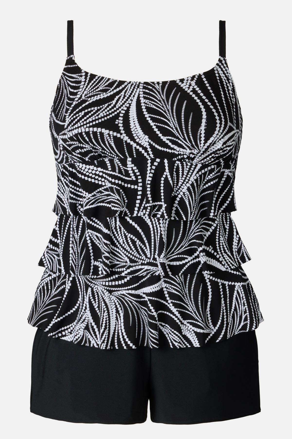 Black and white fern printed ruffle shortini swimsuit