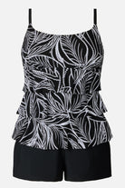 Black and white fern printed ruffle shortini swimsuit