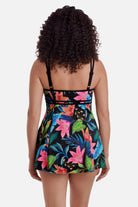 Woman faced away wearing a multicolored floral printed swim dress