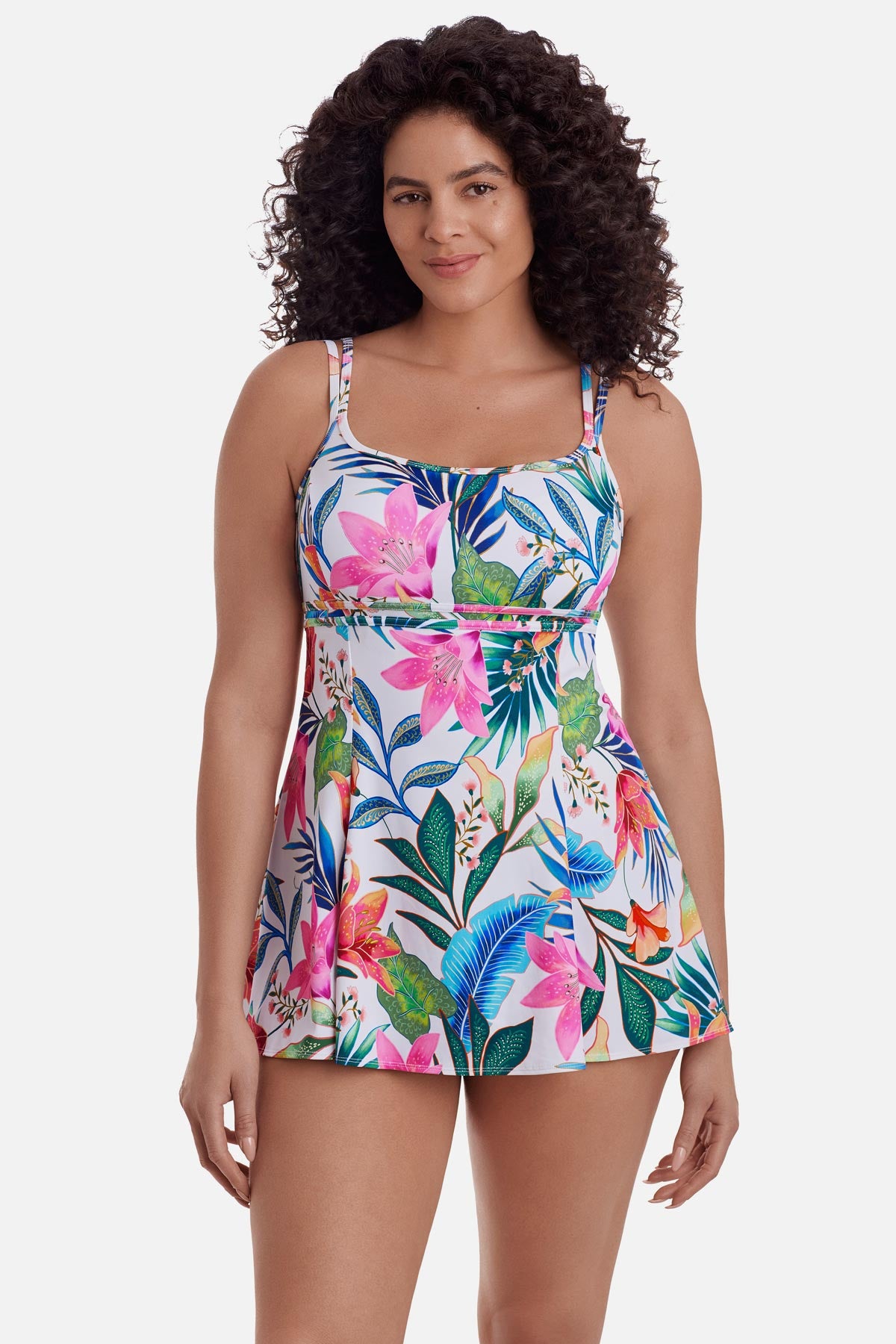 Woman wearing a multicolored floral printed swim dress