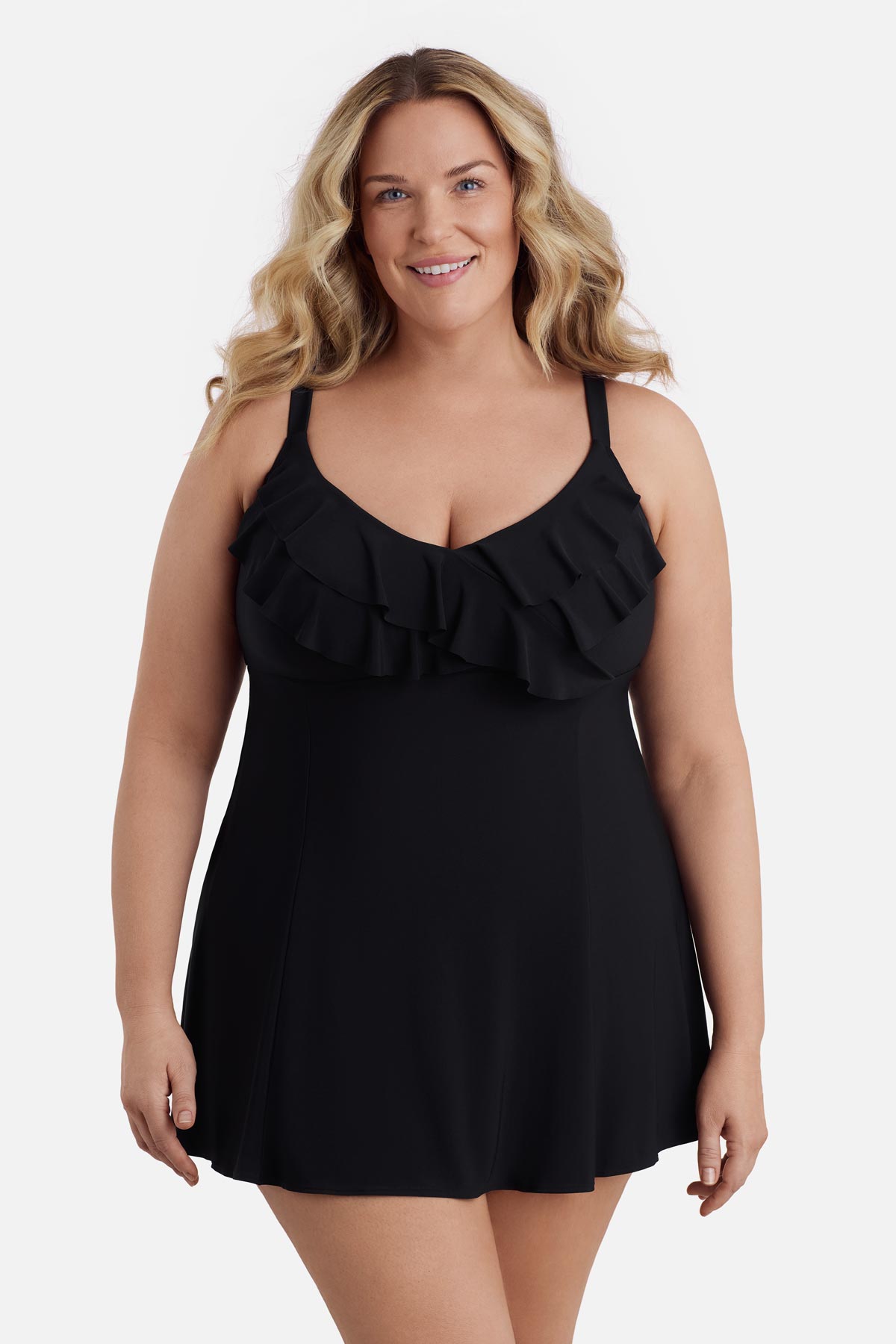Longitude Women's Long Torso Solitude 2.0 Ruffle Front Swim Dress - Black Longitude Women's Long Torso Solitude 2.0 Ruffle Front Swim Dress - Black