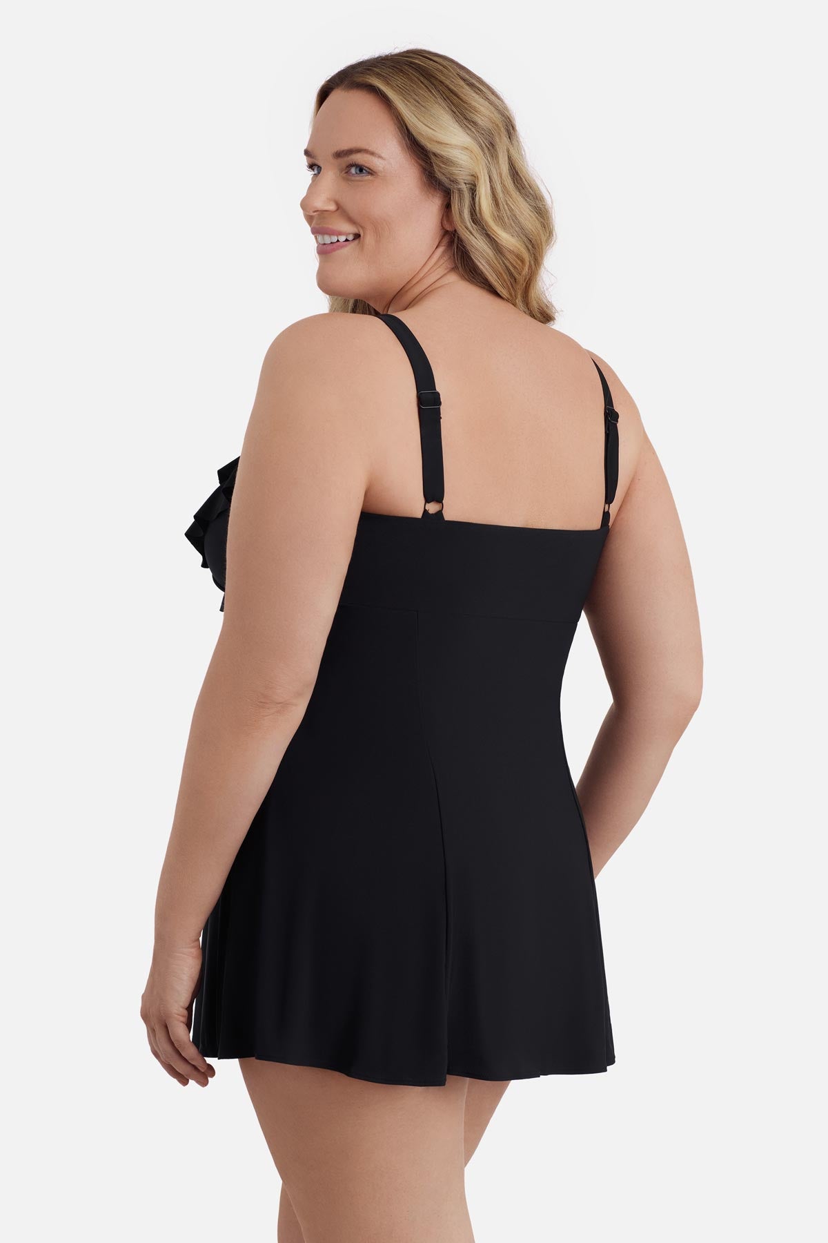 Longitude Women's Long Torso Solitude 2.0 Ruffle Front Swim Dress - Black Longitude Women's Long Torso Solitude 2.0 Ruffle Front Swim Dress - Black