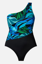 Blue and green palm leaf printed one shoulder one-piece swimsuit