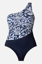 Blue and white abstract floral printed one shoulder one-piece swimsuit