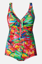 Multicolor palm leaf printed one-piece swimsuit with ruffles down the front
