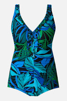 Blue and green one-piece swimsuit with ruffles down the front