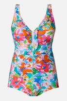 Multicolor floral printed one-piece swimsuit with ruffles down the front