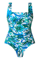 Blue and green floral printed square neck one-piece swimsuit