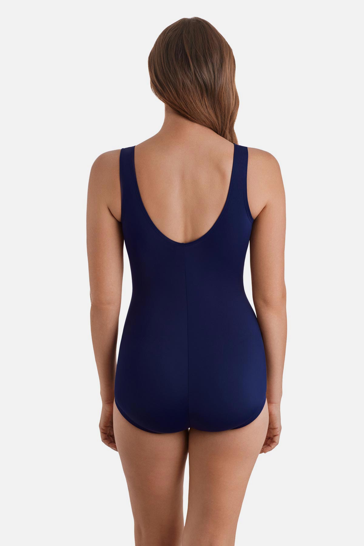 Woman turned away wearing a blue one-piece swimsuit 