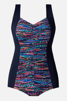 Blue one-piece swimsuit with a multicolor print in the middle