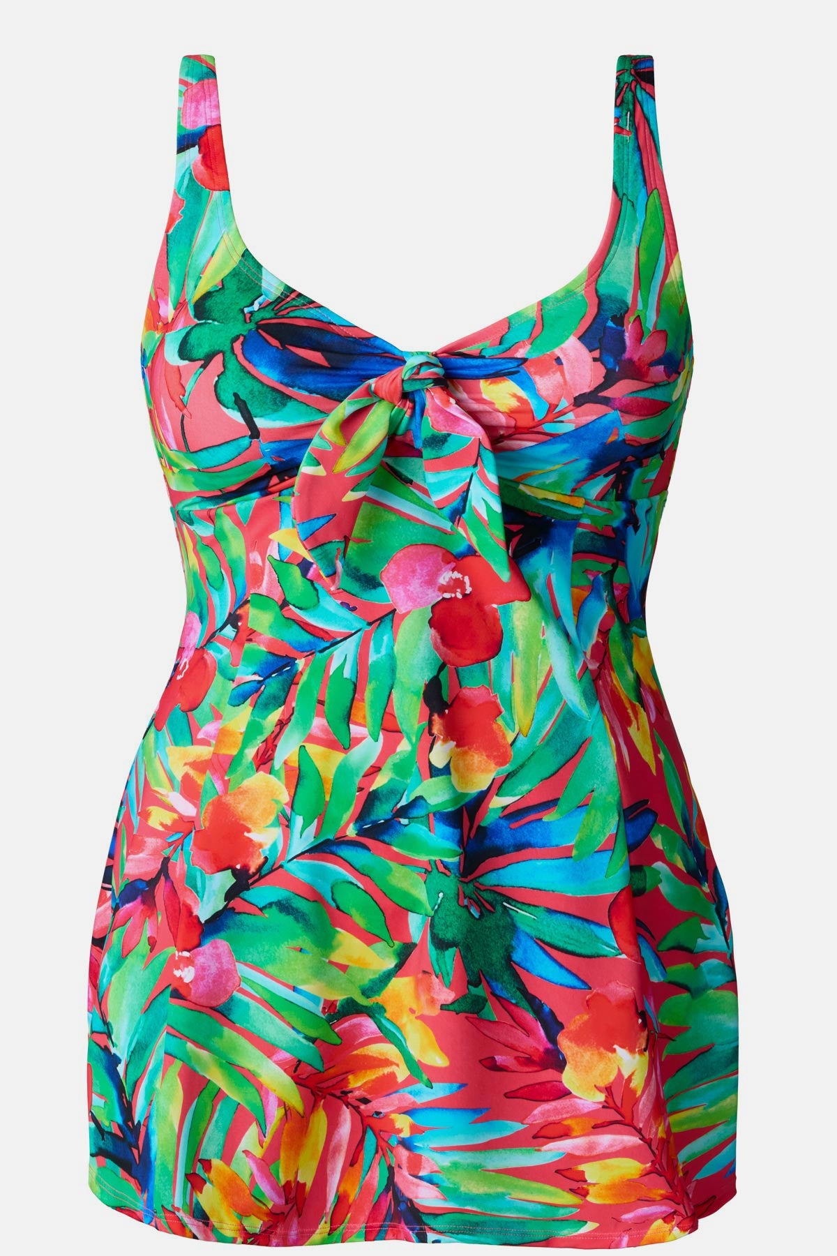 Multicolor palm leaf printed swim dress with a tie in the front