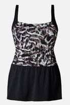 Animal skin printed skater swim dress with a black skirted bottom