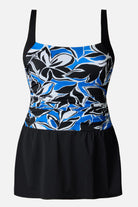Black, blue and white floral printed skater swim dress with black skirted bottom
