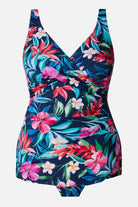 Multicolored floral and palm leaf printed sarong one-piece swimsuit